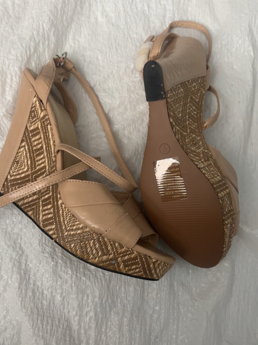 mark. Nude/Tan Wedge Sandals with Textured Rope Platform